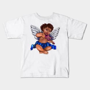 Black Angel playing the violin - Serene sun kissed curly haired Baby cherub angel classical art Kids T-Shirt